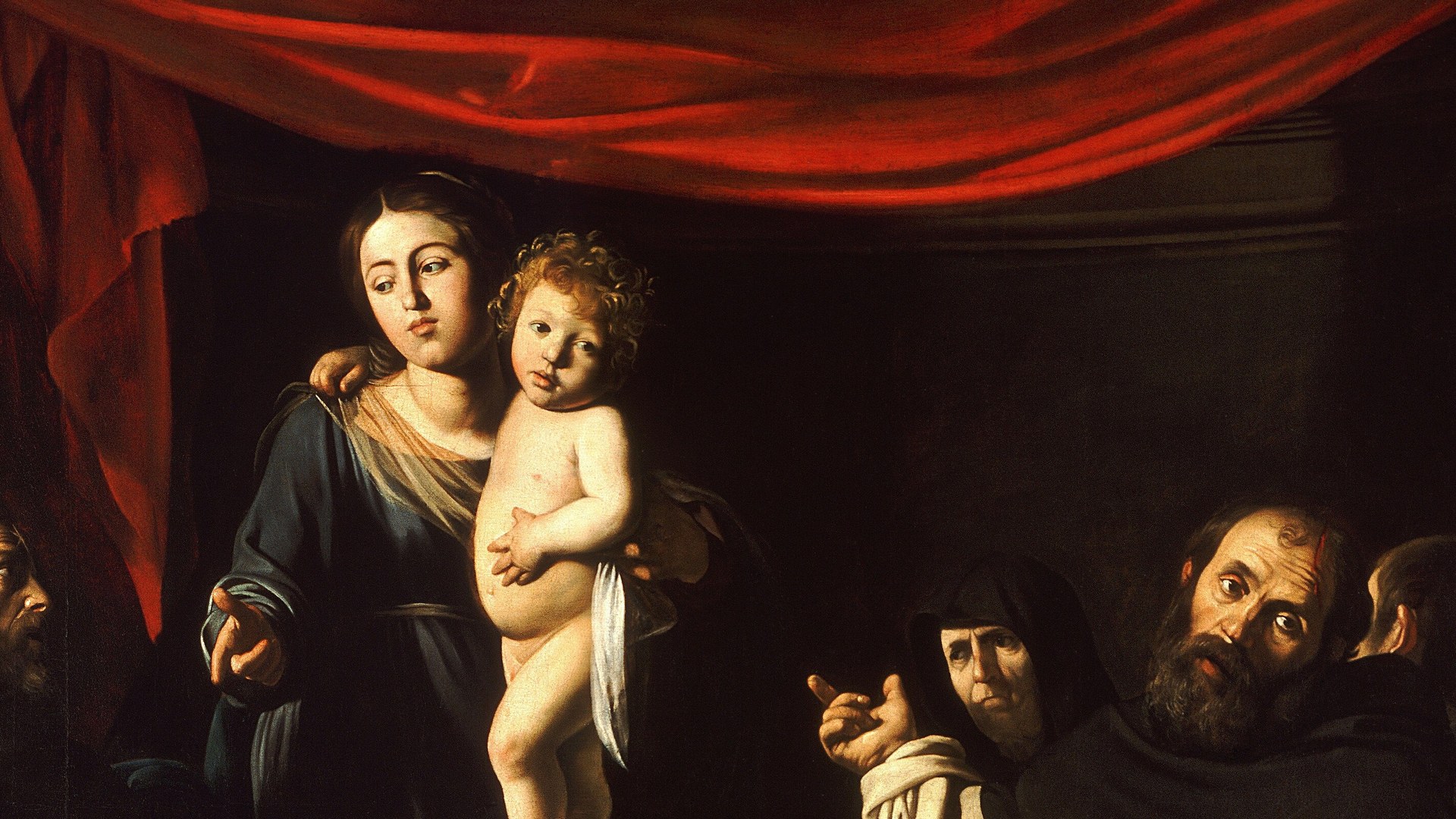 Caravaggios Rosenkranzmadonna: die Gottesmutter mit dem Jesuskind, umgeben von Betenden