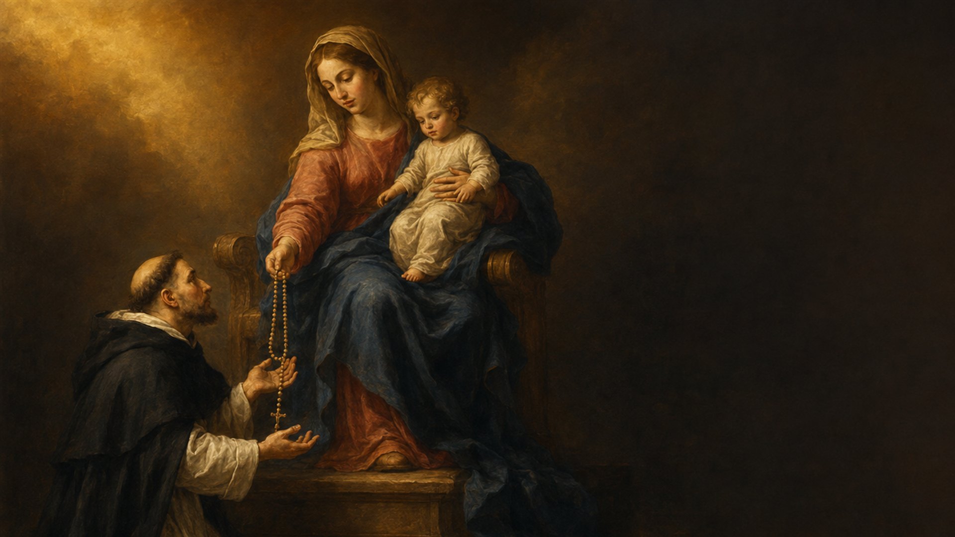 Ölgemälde: die thronende Gottesmutter mit dem Jesuskind reicht dem knienden heiligen Dominikus einen Rosenkranz