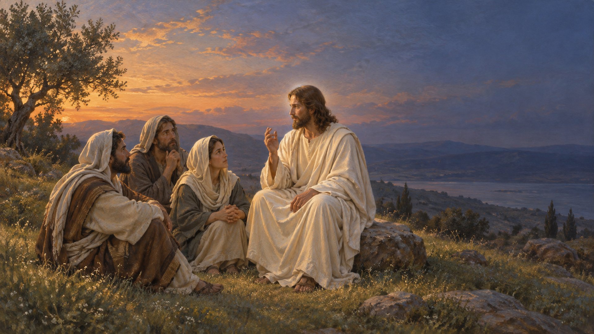 Ölgemälde: Christus in hellem Gewand sitzt am Abend auf einem Felsen über dem See Genezareth, erhebt lehrend die Hand und spricht zu drei Zuhörern, die links von ihm im Gras sitzen