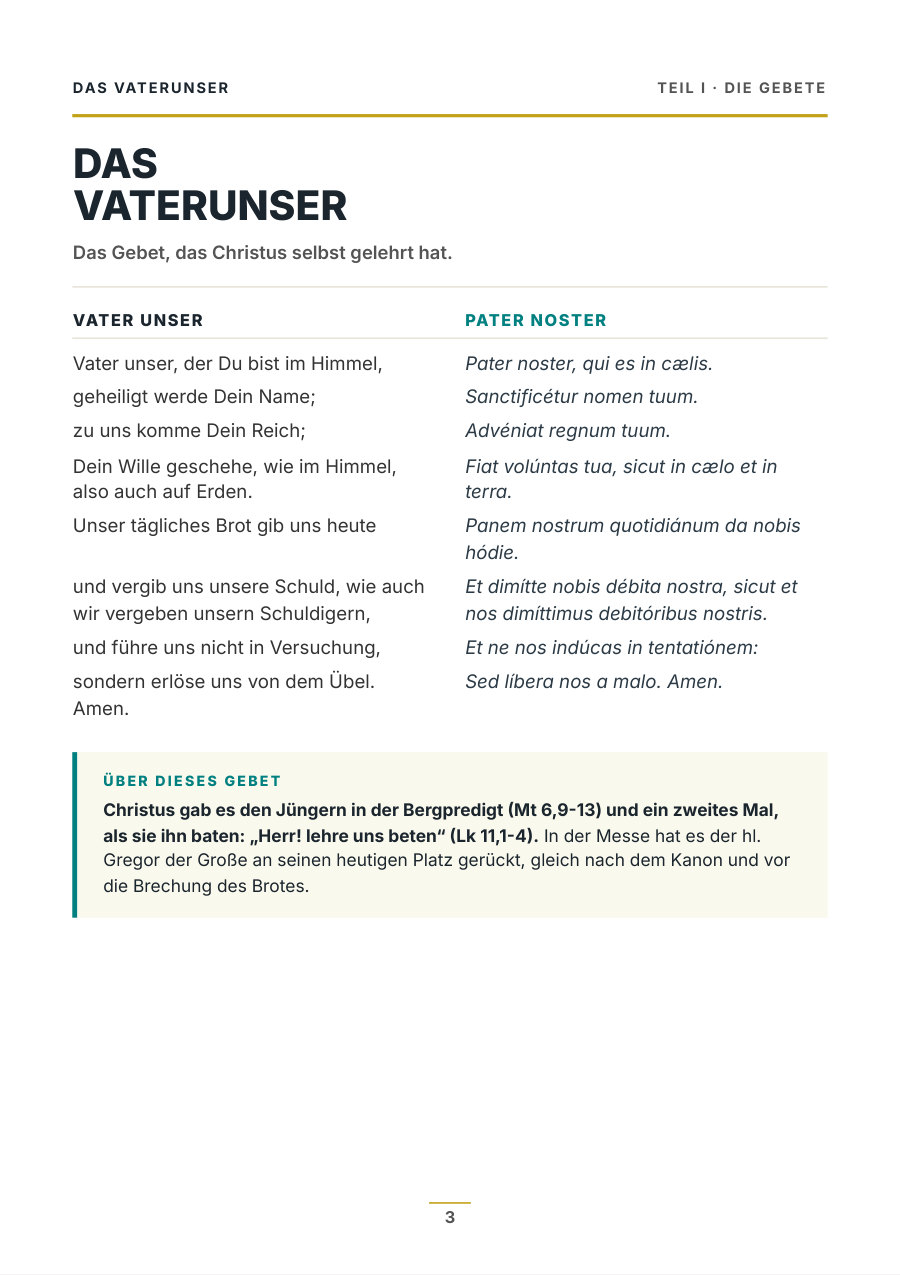 Heftseite mit dem Vaterunser, links deutsch, rechts lateinisch mit Betonungszeichen