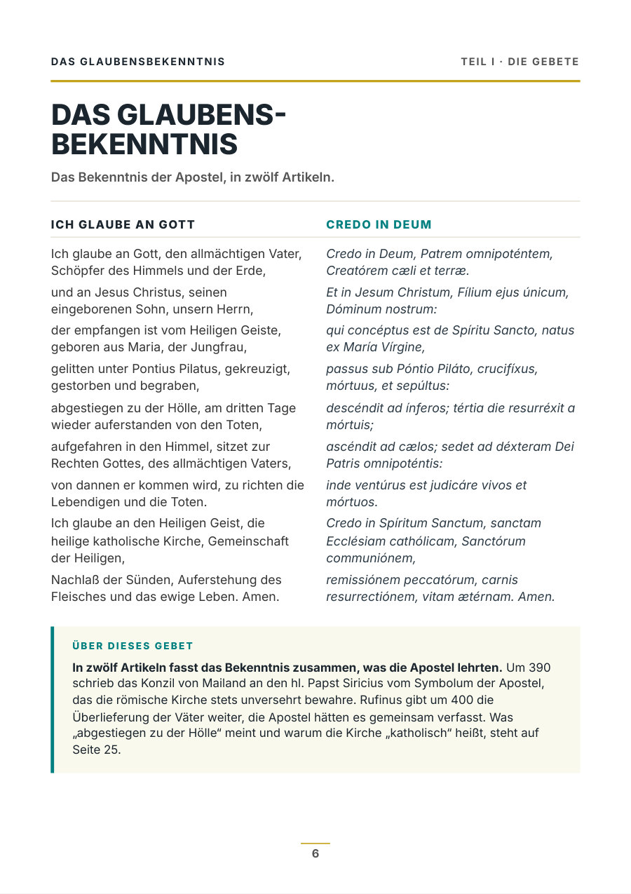 Heftseite mit dem Apostolischen Glaubensbekenntnis, links deutsch, rechts lateinisch mit Betonungszeichen
