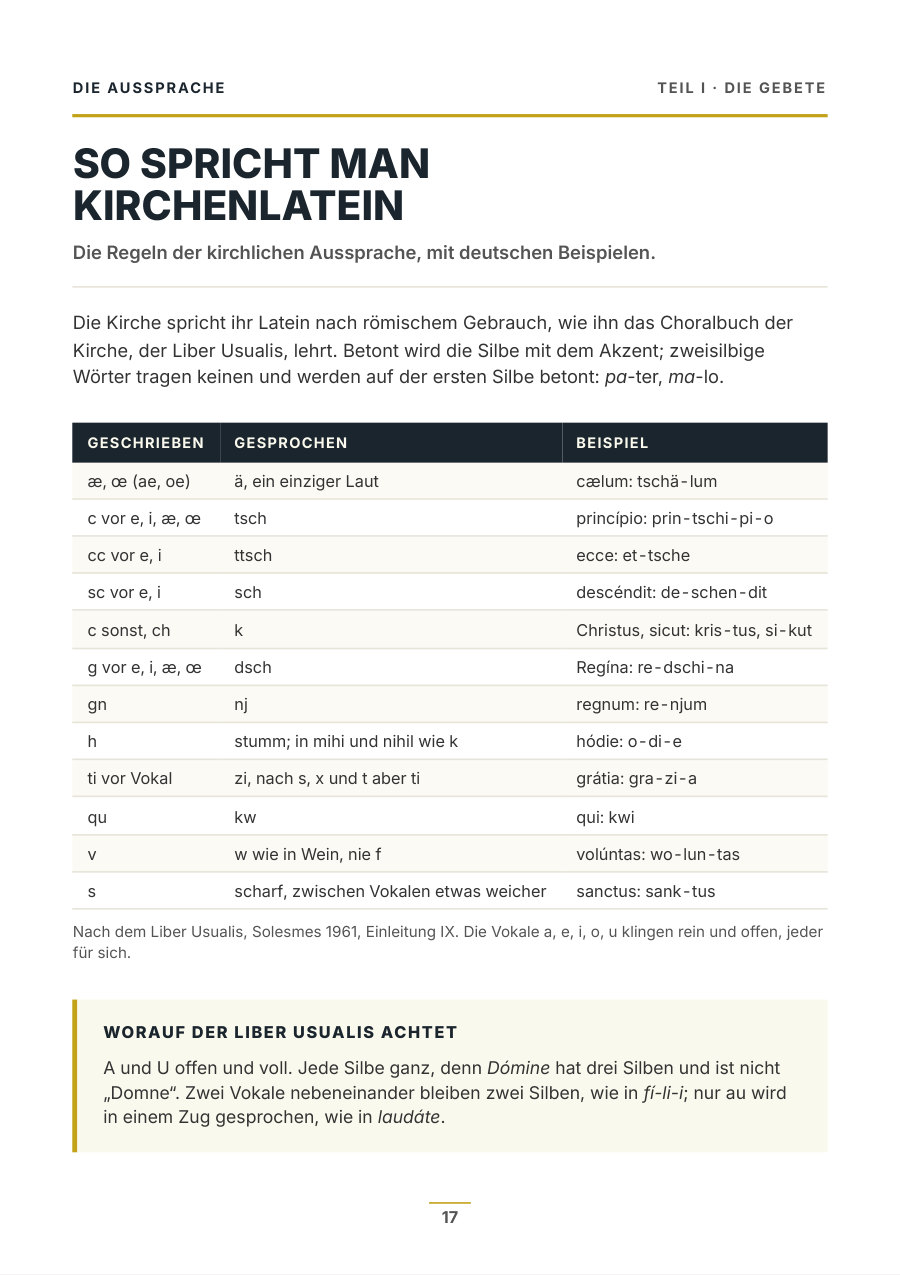 Heftseite mit einer Tabelle der kirchlichen Aussprache des Lateins und deutschen Beispielen