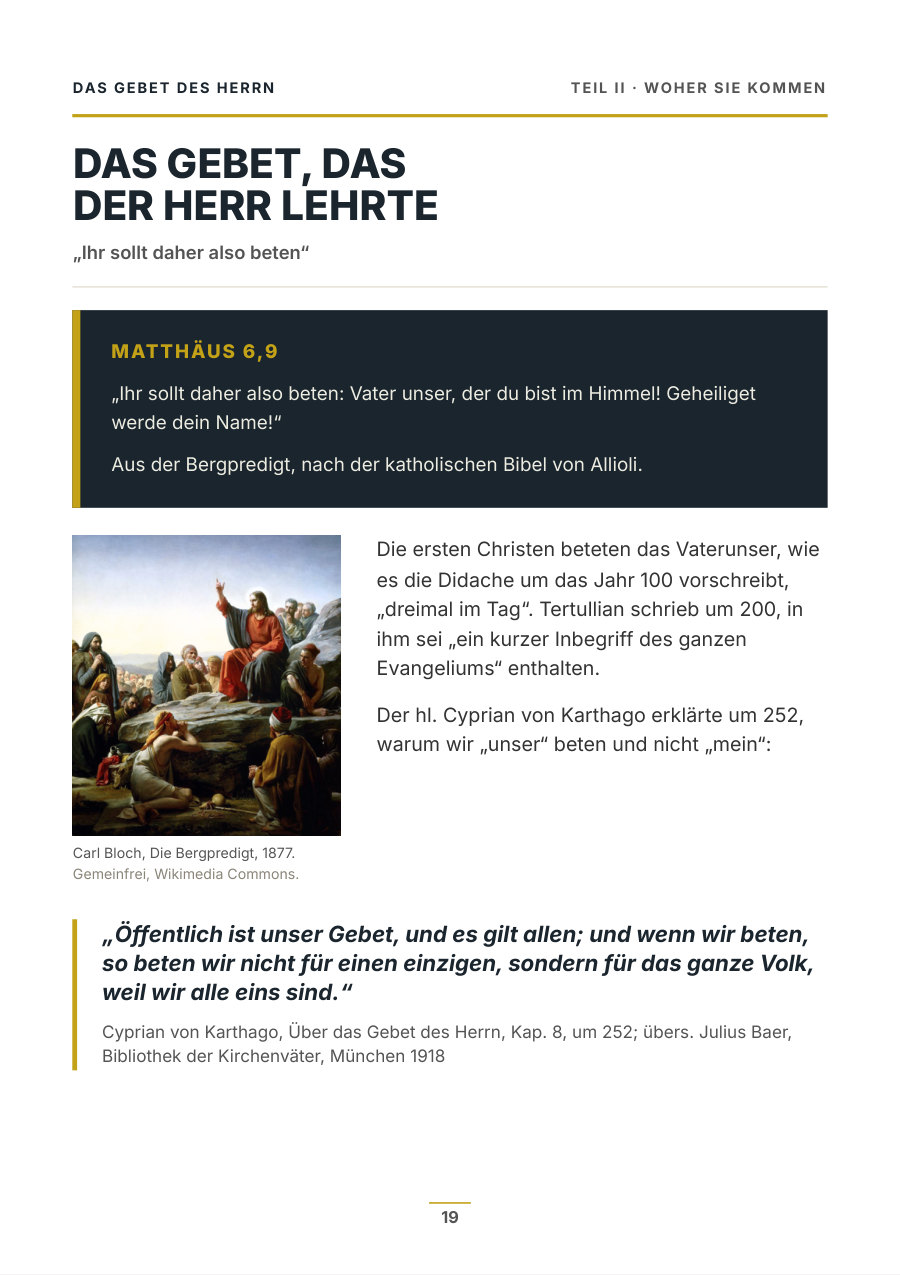 Heftseite mit Matthäus 6,9, Carl Blochs Bergpredigt und dem hl. Cyprian über das Vaterunser