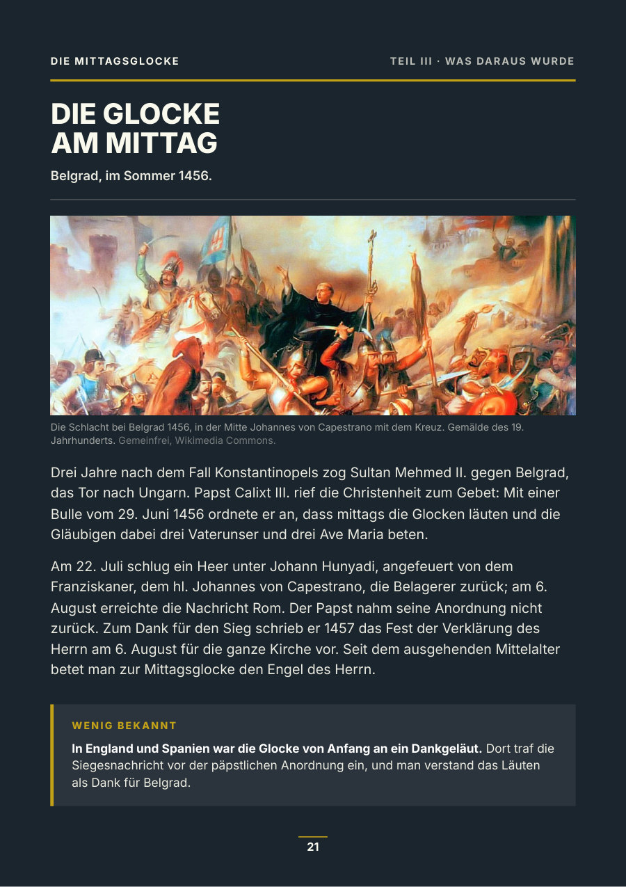 Heftseite mit einem Gemälde der Schlacht bei Belgrad und der Geschichte des Mittagsläutens