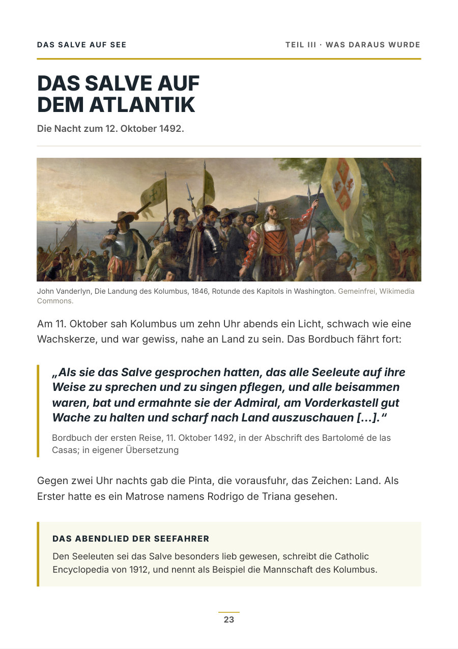 Heftseite mit John Vanderlyns Gemälde der Landung des Kolumbus und der Geschichte des Salve Regina auf See