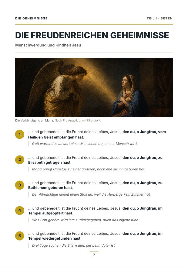 Heftseite zu den freudenreichen Geheimnissen mit einem Gemälde der Verkündigung
