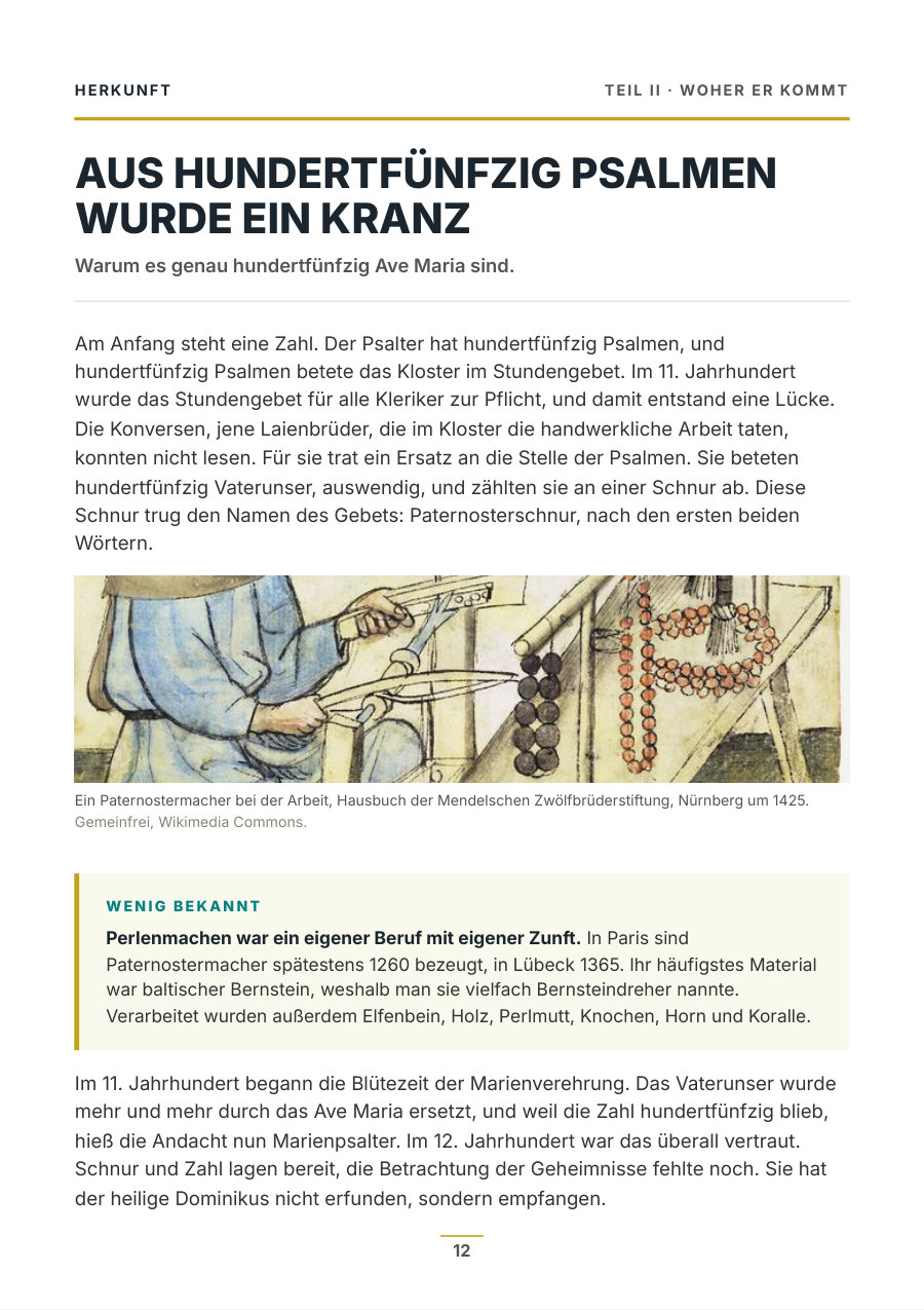 Heftseite zur Herkunft des Rosenkranzes mit einem Holzschnitt eines Paternostermachers bei der Arbeit