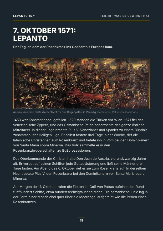 Dunkle Heftseite zur Seeschlacht von Lepanto am 7. Oktober 1571