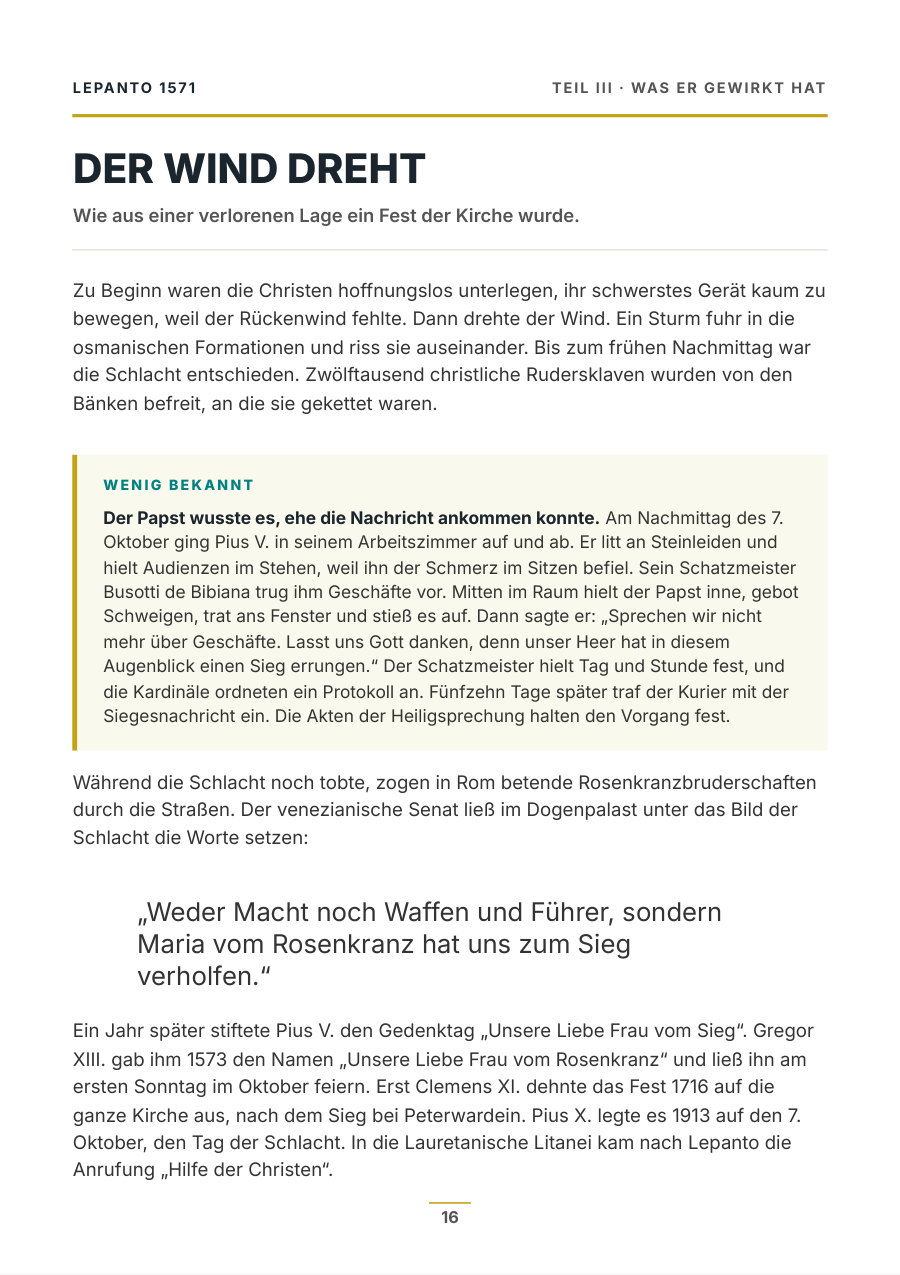 Heftseite darüber, wie aus dem Sieg von Lepanto ein Fest der Kirche wurde