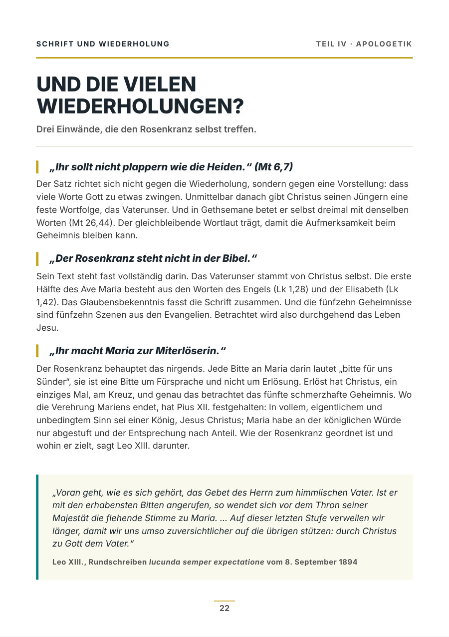 Heftseite mit den Antworten auf drei Einwände gegen den Rosenkranz