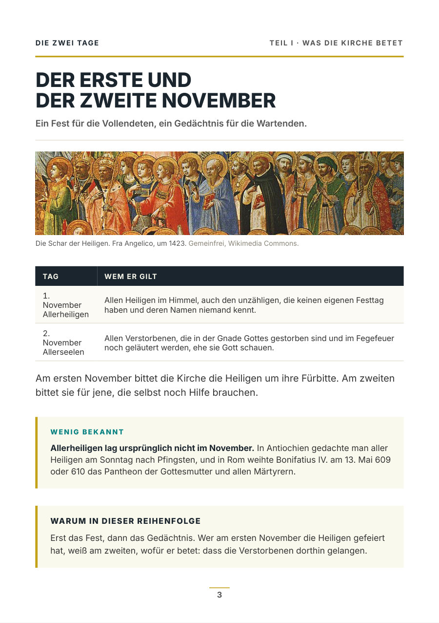Heftseite zu Allerheiligen und Allerseelen mit Fra Angelicos Schar der Heiligen und einer Tabelle der zwei Tage