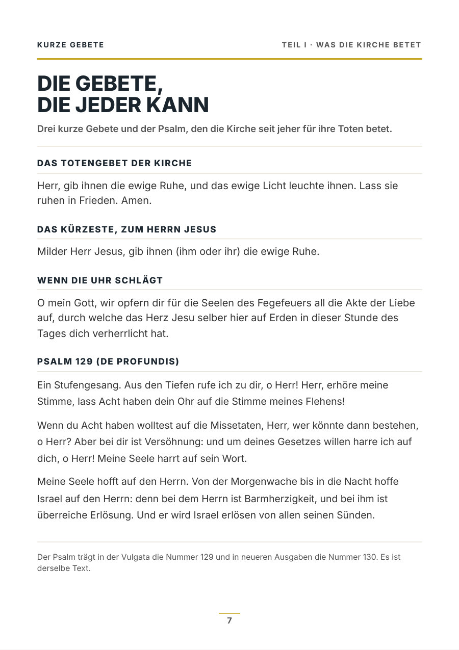 Heftseite mit dem Totengebet, zwei kurzen Gebeten und Psalm 129 im Wortlaut