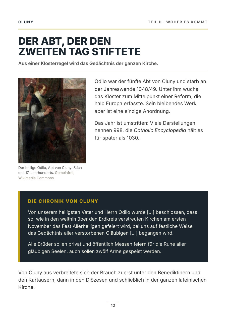 Heftseite über den heiligen Odilo von Cluny mit einem Stich des Abtes und dem Wortlaut der Chronik