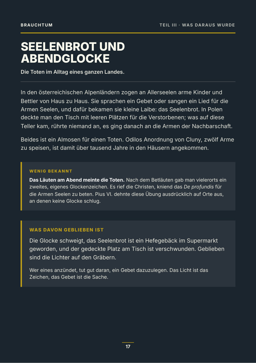 Dunkle Heftseite zum Brauchtum an Allerseelen, dem Seelenbrot und dem Abendläuten für die Armen Seelen
