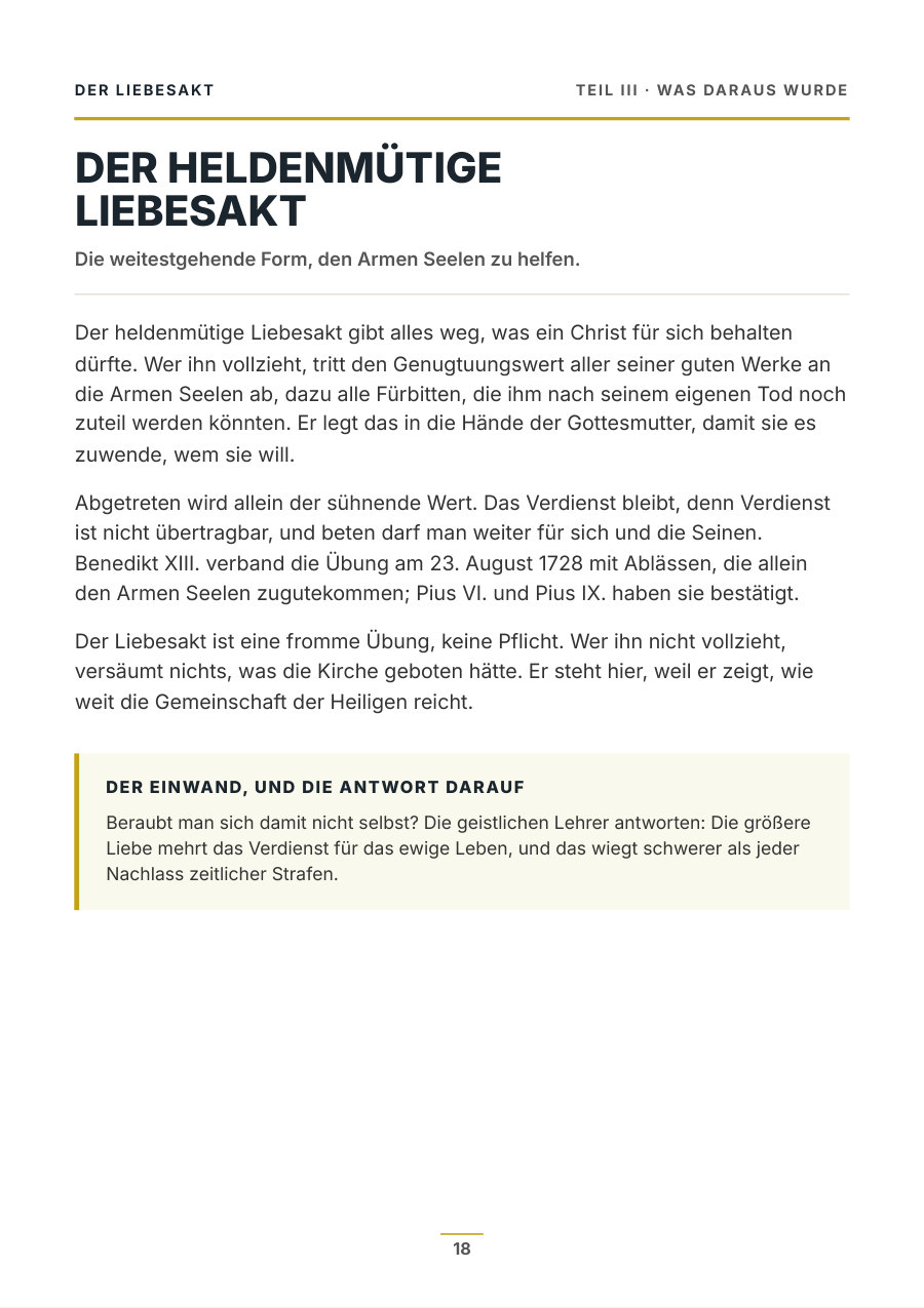 Heftseite zum heldenmütigen Liebesakt für die Armen Seelen
