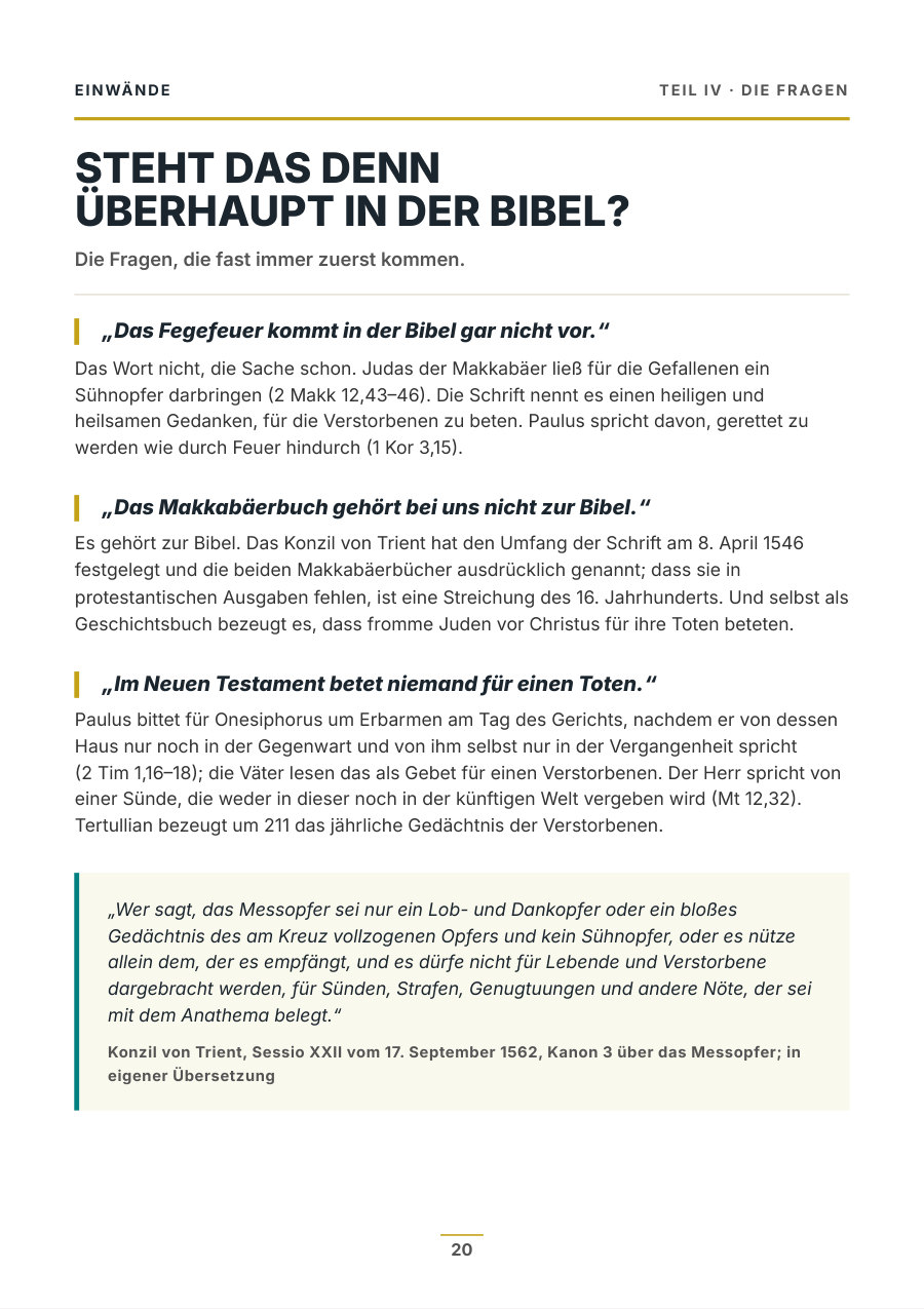 Heftseite mit drei Einwänden zum Fegefeuer und den Antworten aus Schrift und Konzil