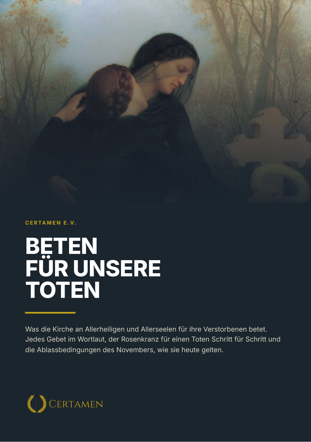 Titel des Hefts „Beten für unsere Toten“ mit Bouguereaus Gemälde „Der Tag der Toten“