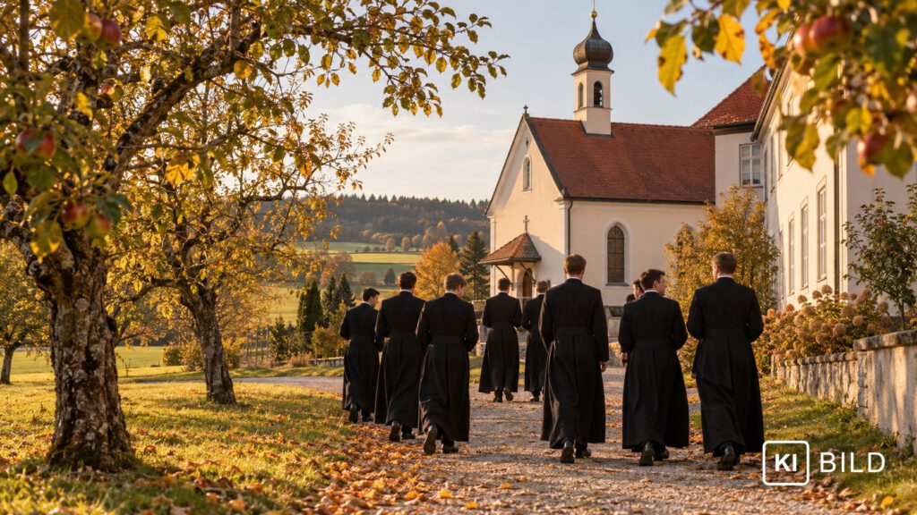 KI-Bild: Junge Seminaristen in schwarzer Soutane gehen, von hinten gesehen, im Herbstlicht zwischen Obstbäumen auf eine Seminarkapelle zu.