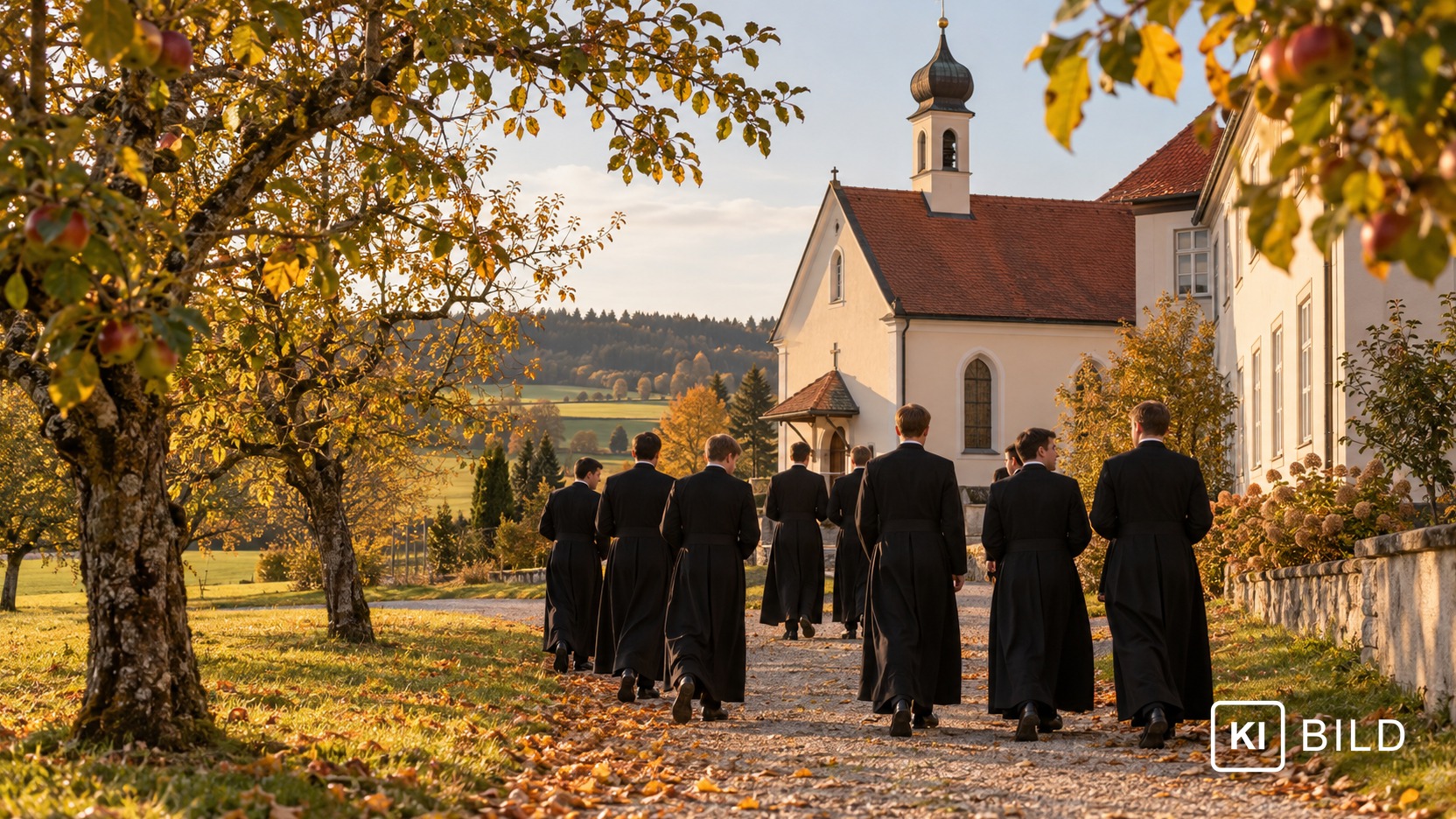 KI-Bild: Junge Seminaristen in schwarzer Soutane gehen, von hinten gesehen, im Herbstlicht zwischen Obstbäumen auf eine Seminarkapelle zu.
