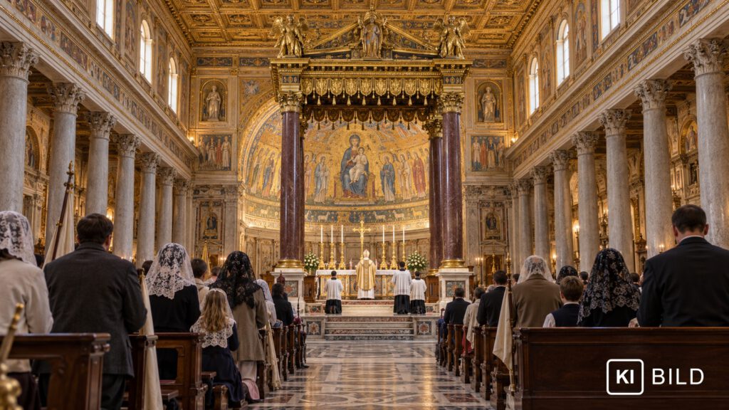 KI-generiertes Bild: Pontifikalmesse im überlieferten Ritus am Hochaltar von Santa Maria Maggiore, Gläubige von hinten