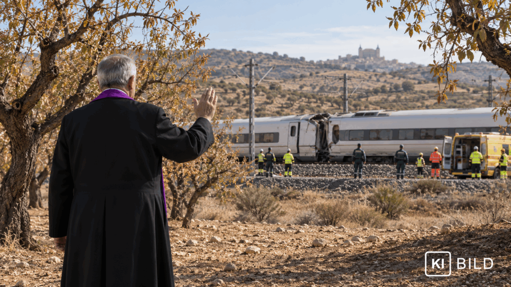 KI-generiertes Symbolbild: Ein Priester mit violetter Stola erhebt in einem Mandelhain die Hand zur Absolution, im Hintergrund ein verunglückter Zug und Rettungskräfte.